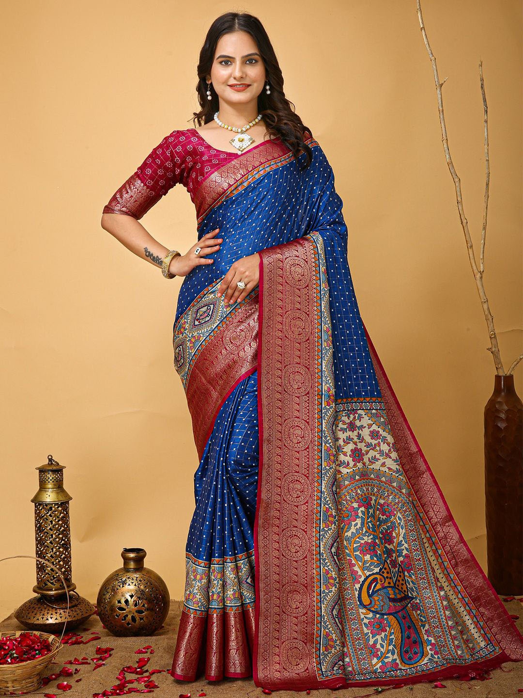 

KALINI Zari Silk Blend Sungudi Saree with Matching Blouse, Blue