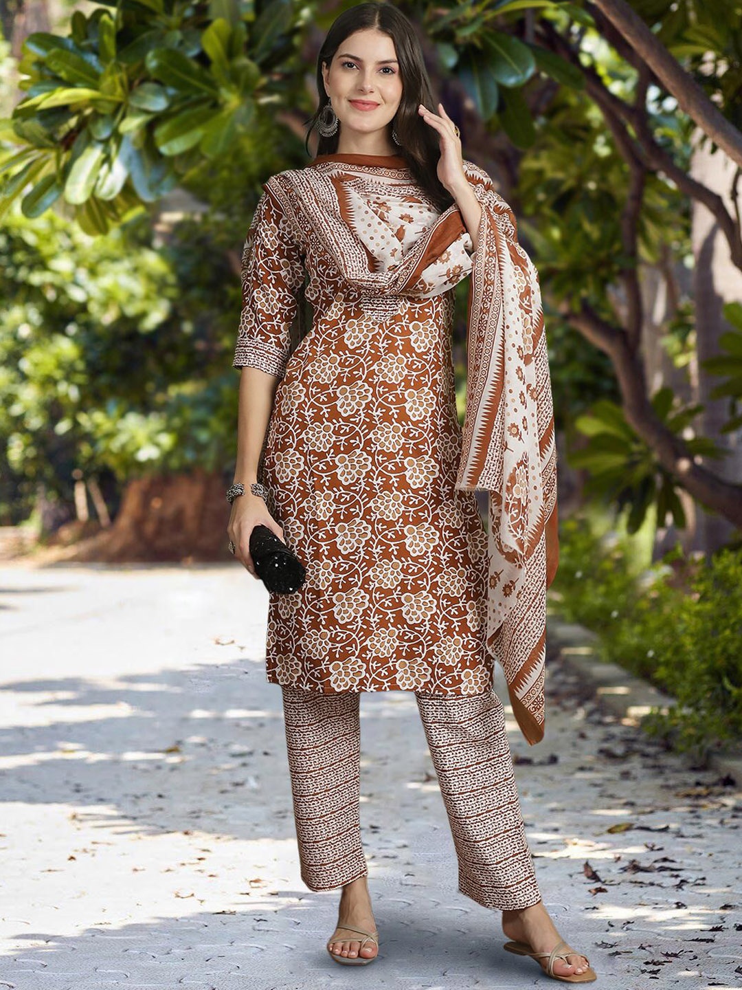

Moda Rapido Floral Printed V-Neck Straight Kurta With Trouser And Dupatta, Brown
