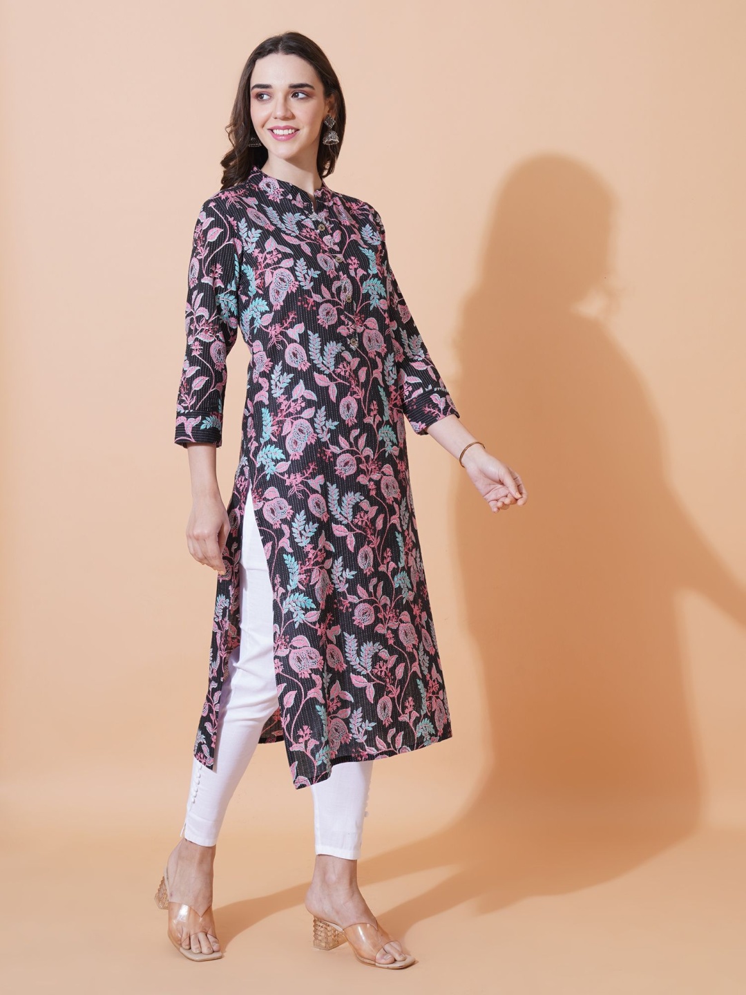 

FebQ Floral Printed Mandarin Collar Thread Work Pure Cotton Straight Kurta, Black