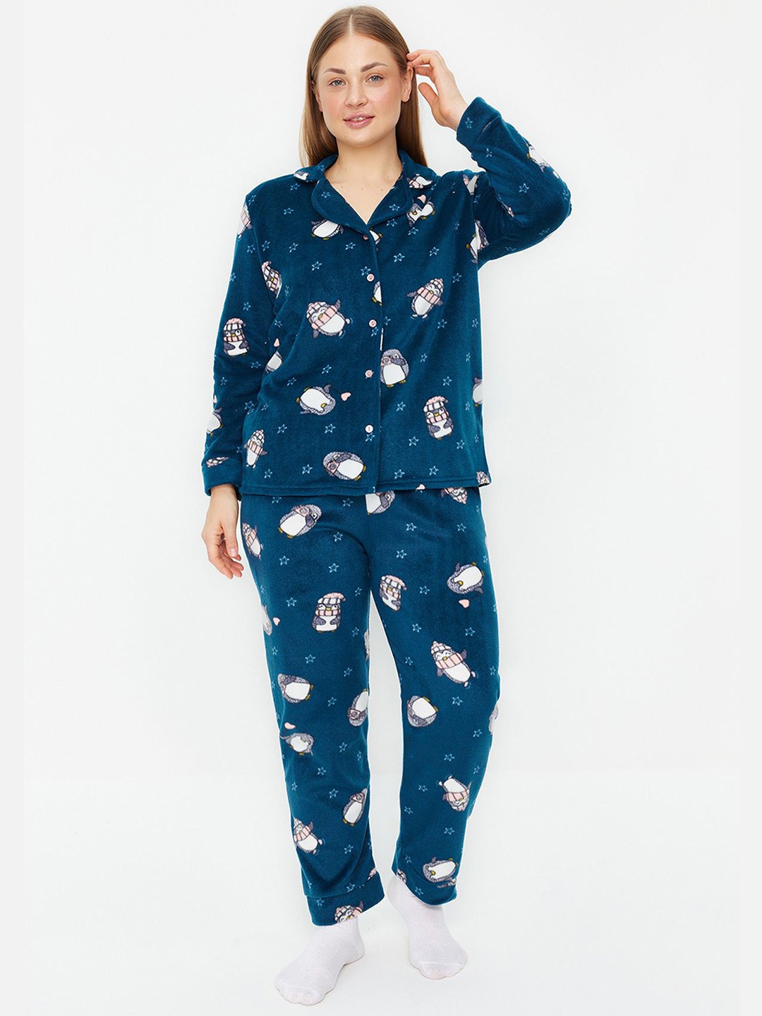 

Trendyol Printed Lapel Collar Night Suits, Blue