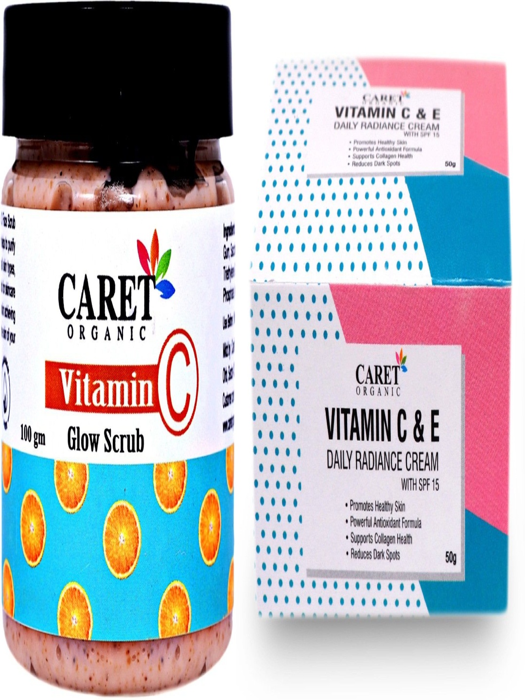 

CARET ORGANIC Set Of 2 Vitamin C Glow Scrub - 100 g With Vitamin C & E Cream - 50 g, White