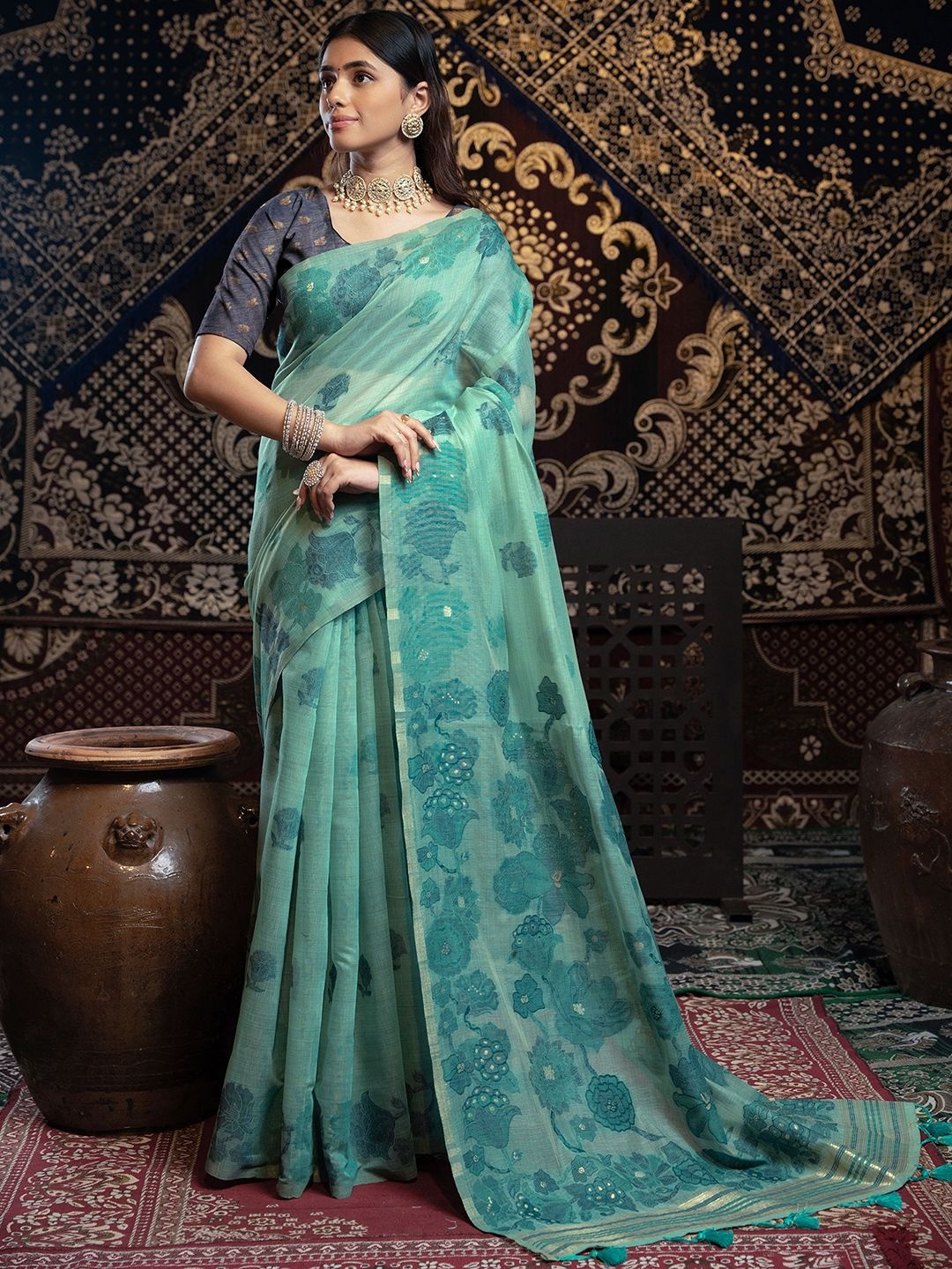 

Satrani Woven Design Zari Pure Cotton Jamdani Saree, Turquoise blue