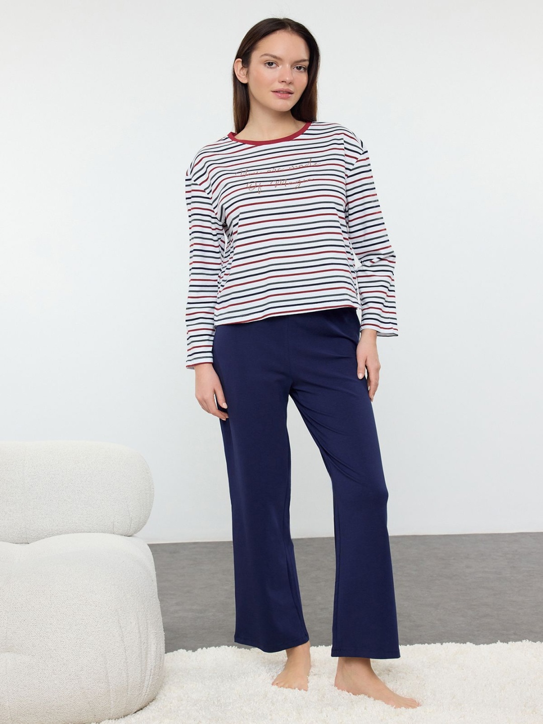 

Trendyol Women Striped Night suit, Navy blue