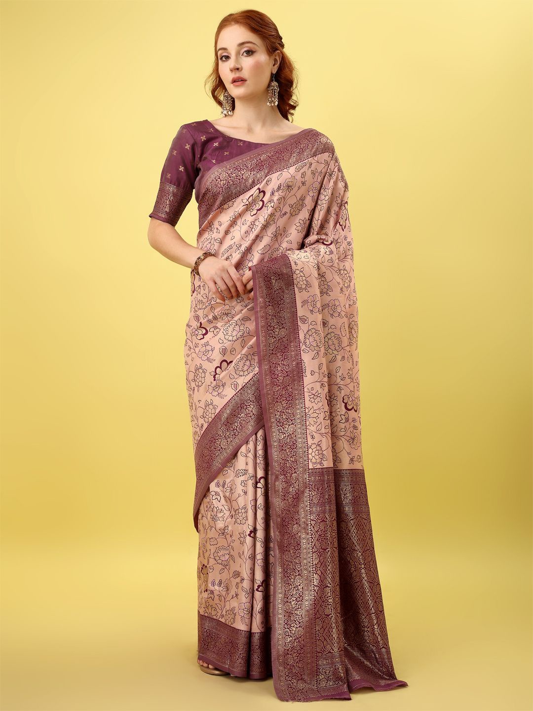 

F FASHION Floral Printed Banarasi Saree, Peach