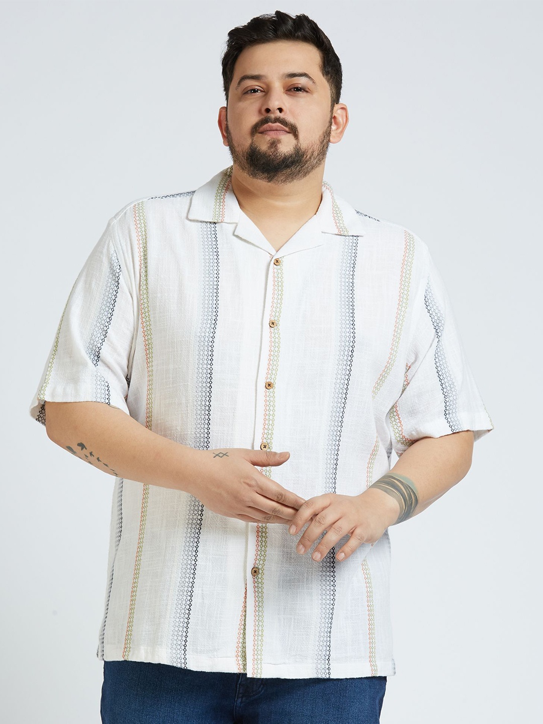 

Sizeupp Men Plus Size Standard Oversized Fit Vertical Striped Cotton Casual Shirt, White