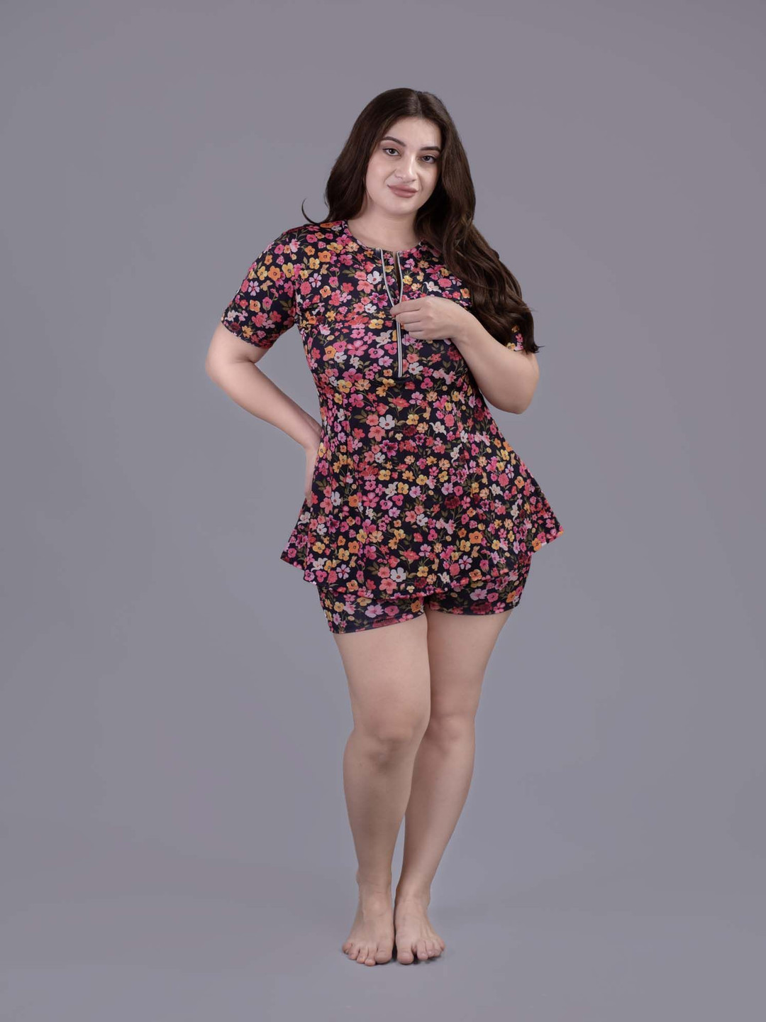 

Keepfit Women Floral Printed Padded Plus Size Swimset With Zipper Top & Boyshorts, Multi