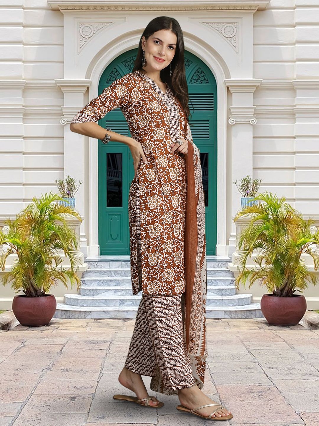 

Moda Rapido Floral Printed V-Neck Straight Kurta With Trouser And Dupatta, Brown