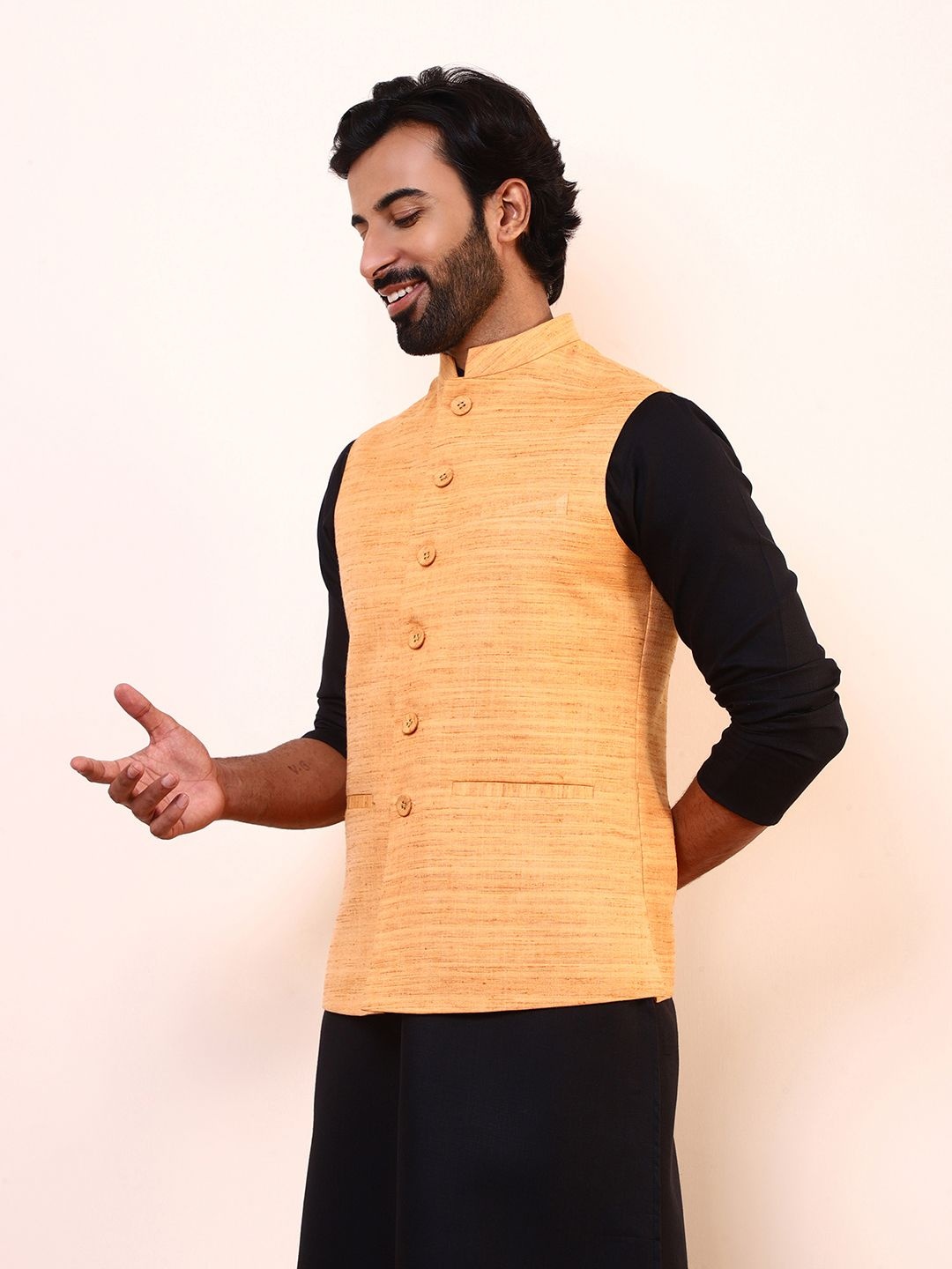 

Satwaa Woven Design Cotton Linen Nehru Jacket, Peach