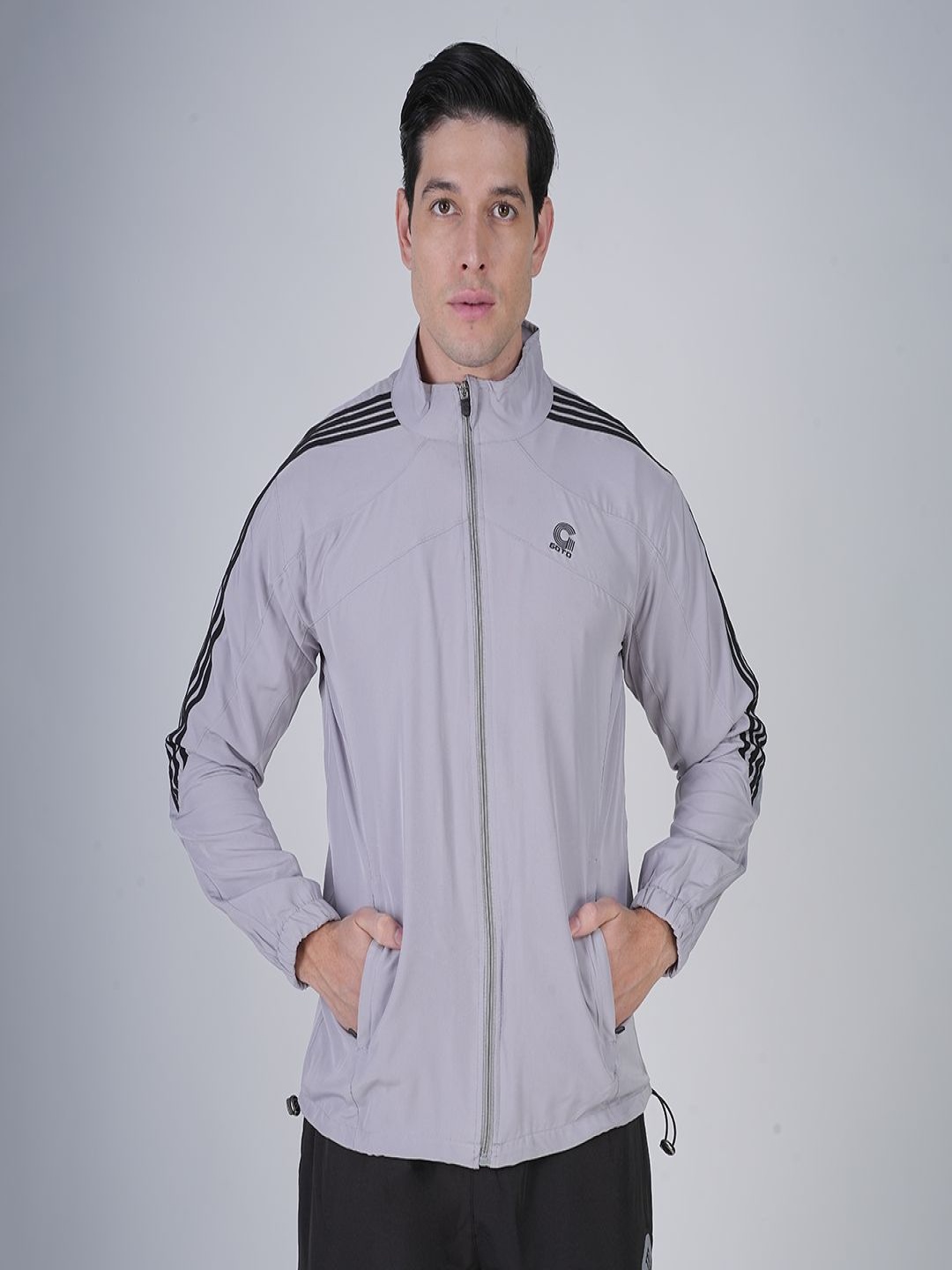 

GOTO Men Mock Collar Striped Casual Lightweight Bomber Jacket, Grey