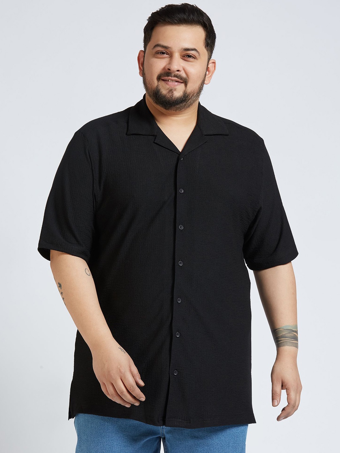 

Sizeupp Men Plus Size Standard Oversized Fit Cuban Collar Textured Casual Shirt, Black