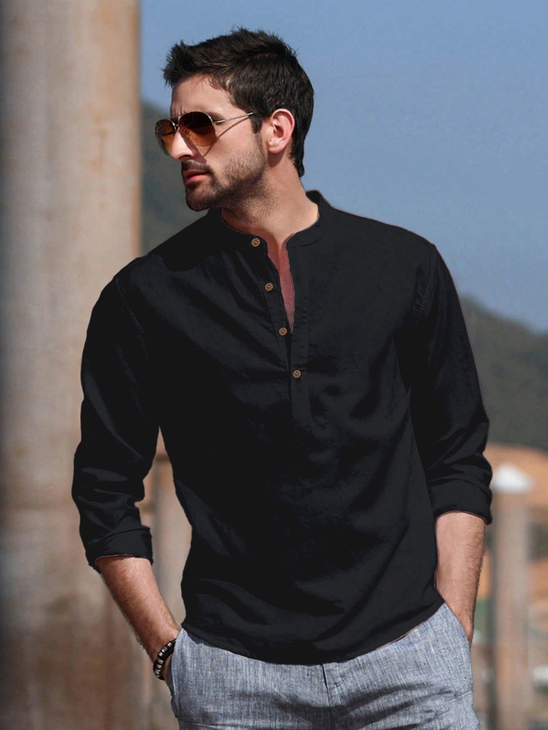 

Anouk Black Mandarin Collar Pure Cotton Straight Short Kurta