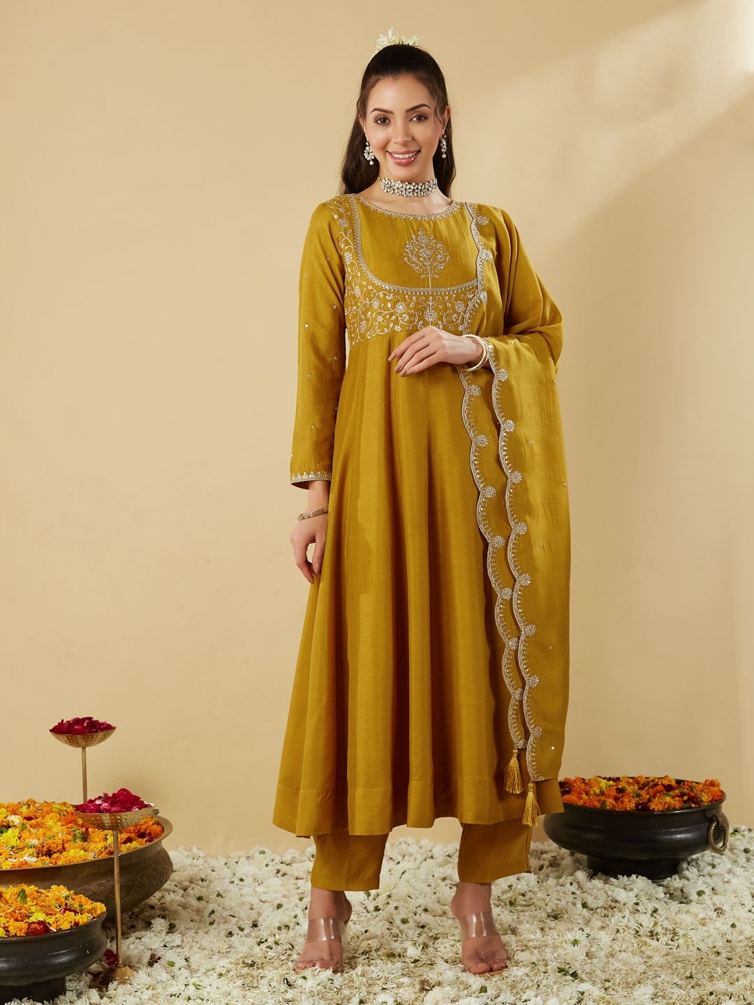 

MOKOSH Women Embroidered Regular Sequinned Kurta with Trousers & With Dupatta, Mustard