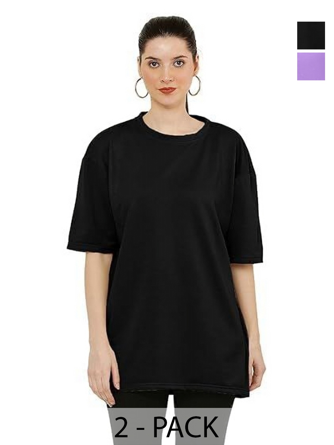 

NOTWILD Women Pack Of 2 Solid Round Neck Cotton T-shirts, Black
