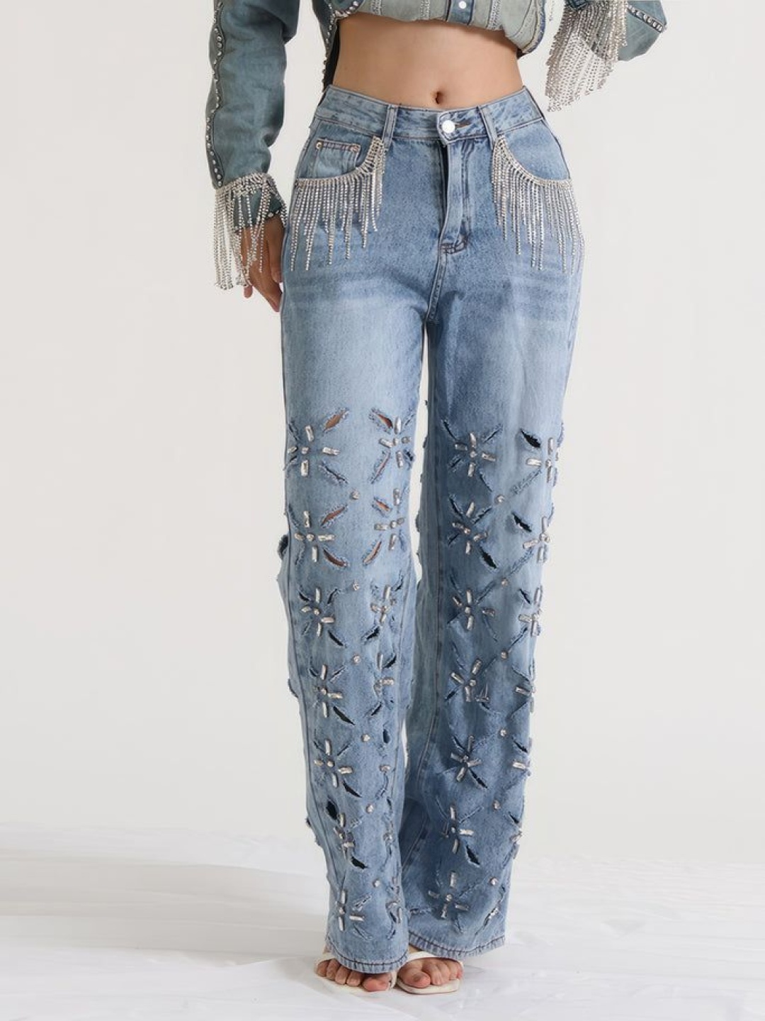 

Wear Your Words Women Wide Leg Highly Distressed Embellished Jeans, Blue