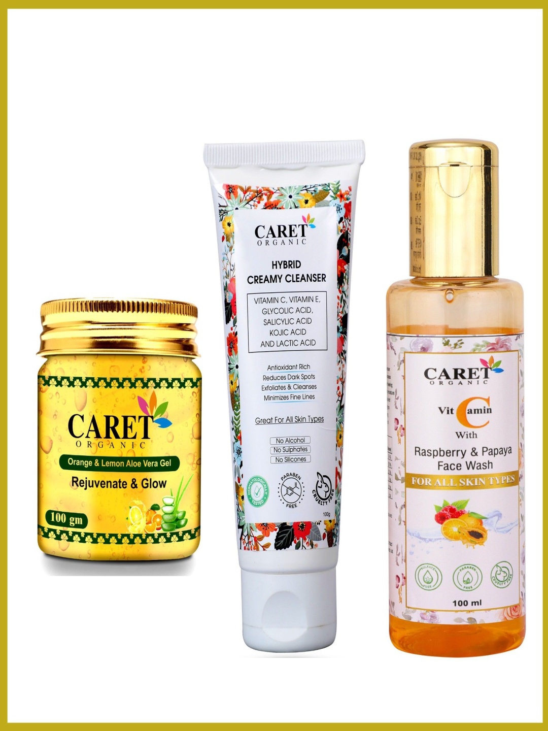 

CARET ORGANIC Set Of 3 Aloevera Gel- 100 g- Creamy Cleanser- 100 g & Face Wash- 100 ml, Multi