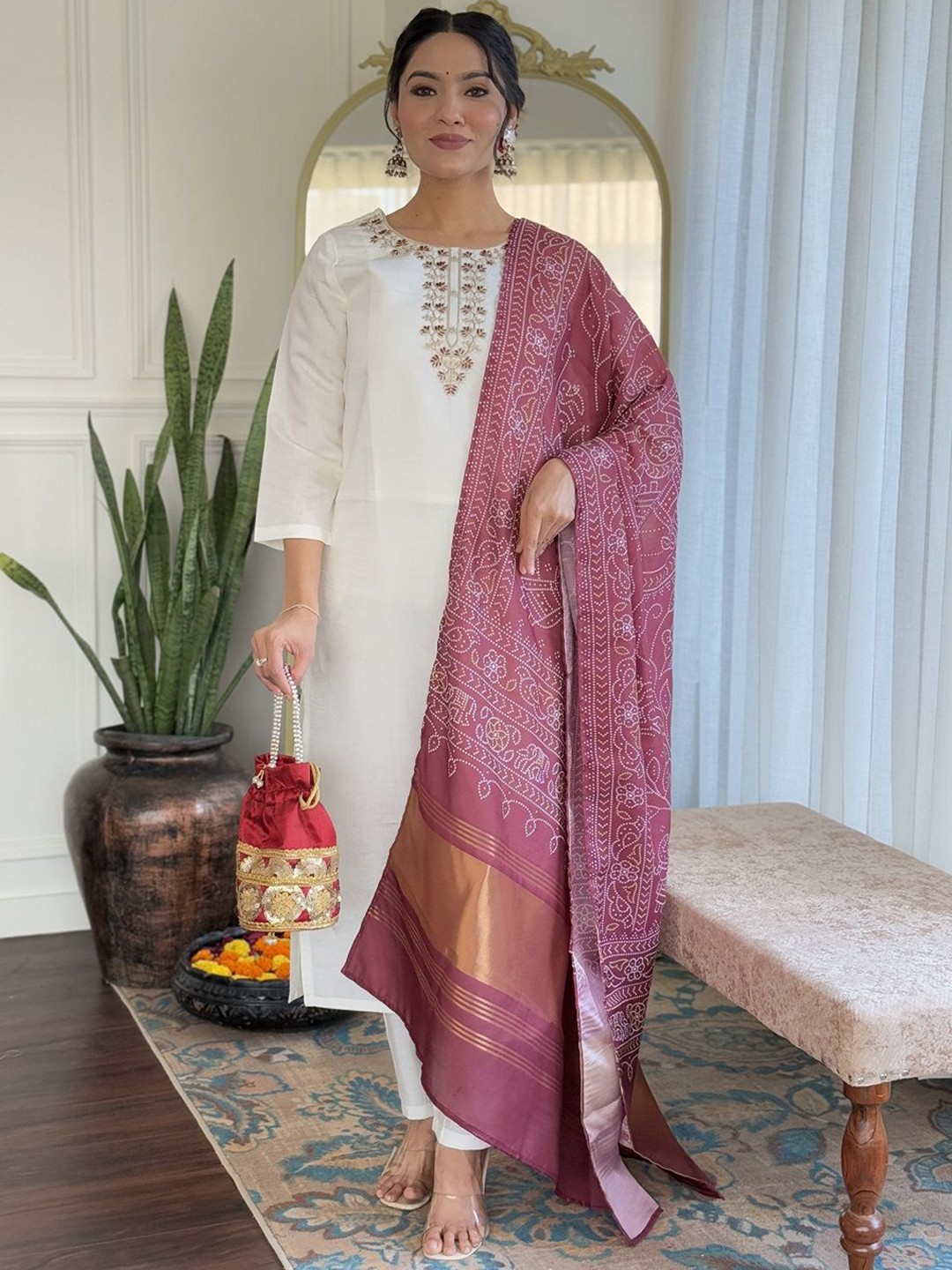 

KOTRONS Floral Embroidered Sequinned Chanderi Silk Straight Kurta With Trousers & Dupatta, White