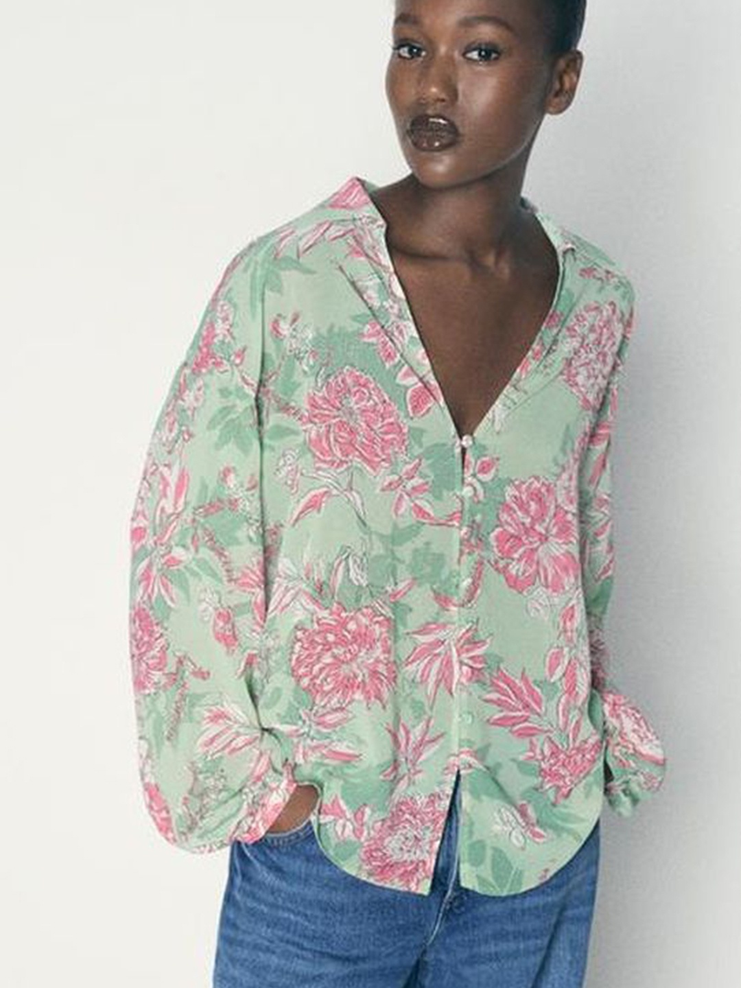 

LULU & SKY Women Floral Printed Shirt Style Top, Green