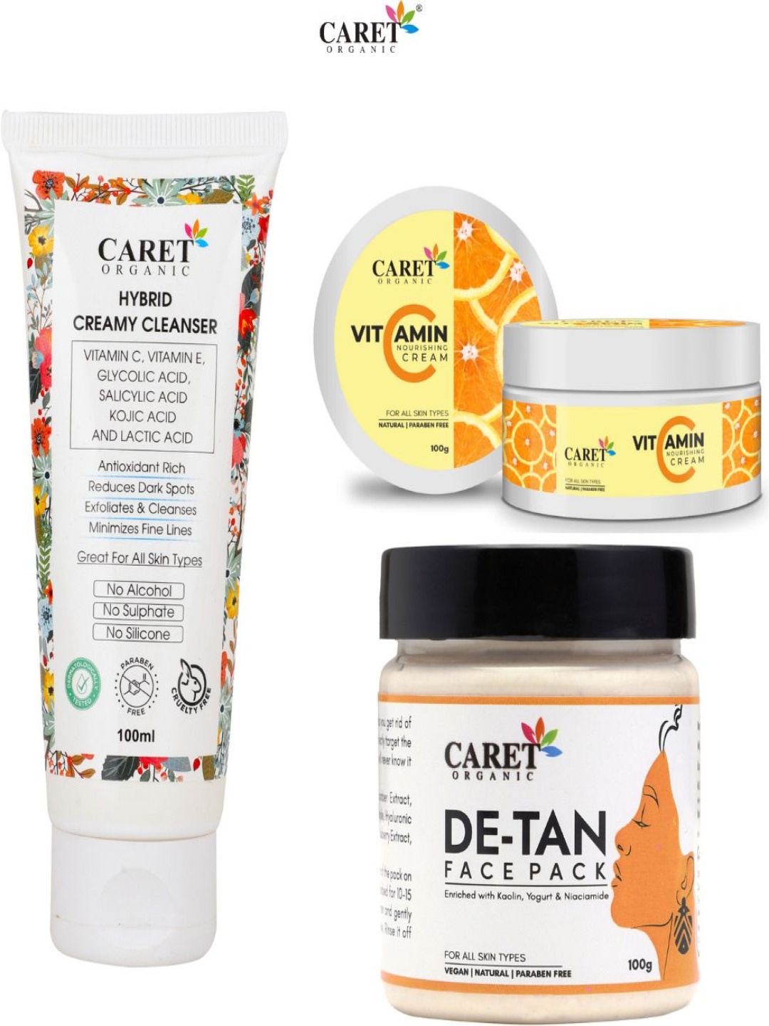 

CARET ORGANIC Set Of 3 Hybrid Cleanser, De-Tan Face Pack & Vitamin C Nourishing Cream, Multi
