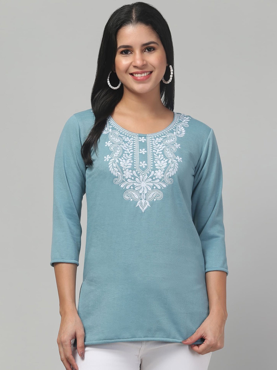 

FAMBEE Women Embroidered Thread Work Woollen Kurta, Turquoise blue