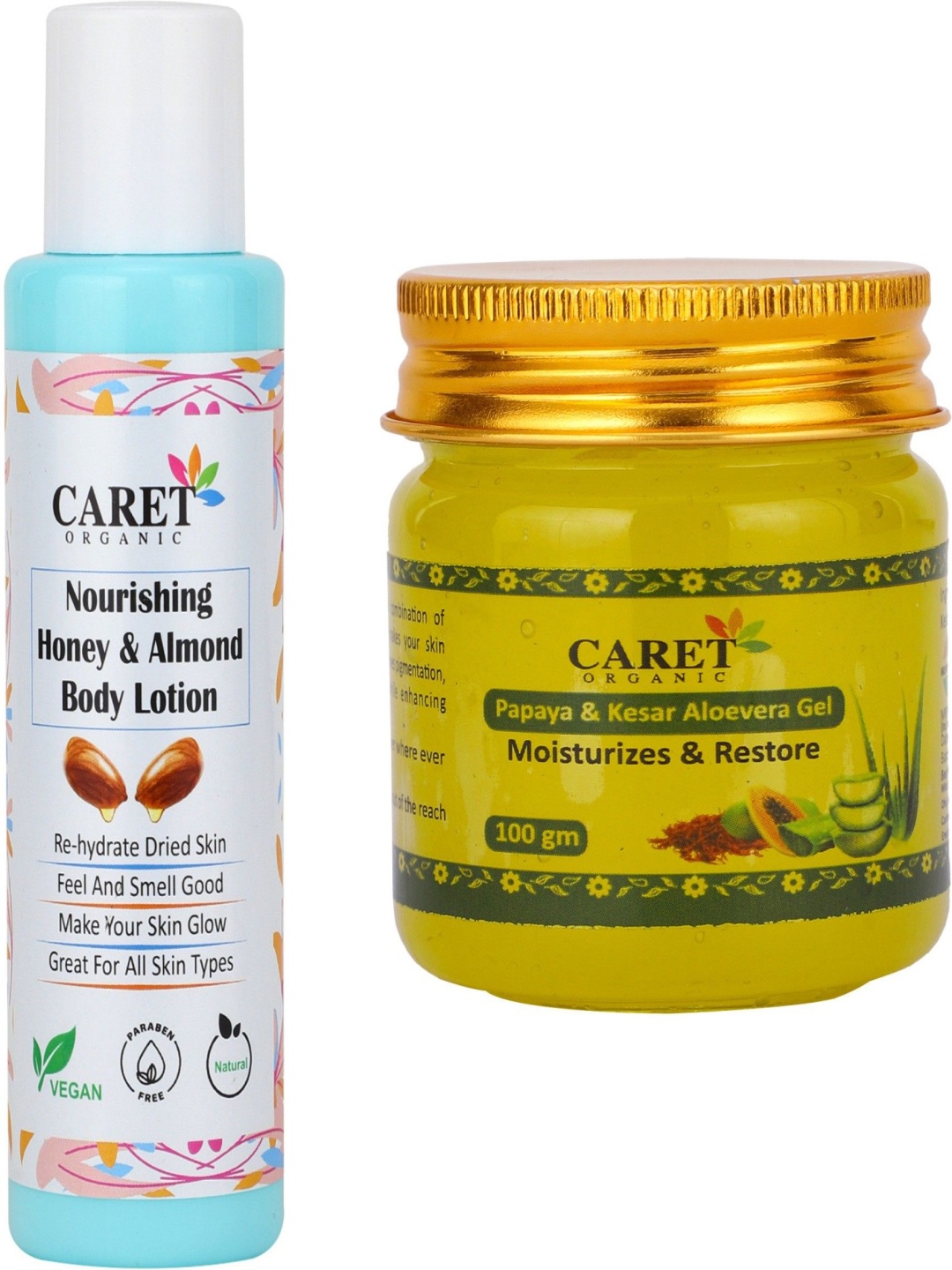 

CARET ORGANIC Set Of 2 Honey & Almond Body Lotion & Papaya, Kesar & Aloevera Gel, Multi