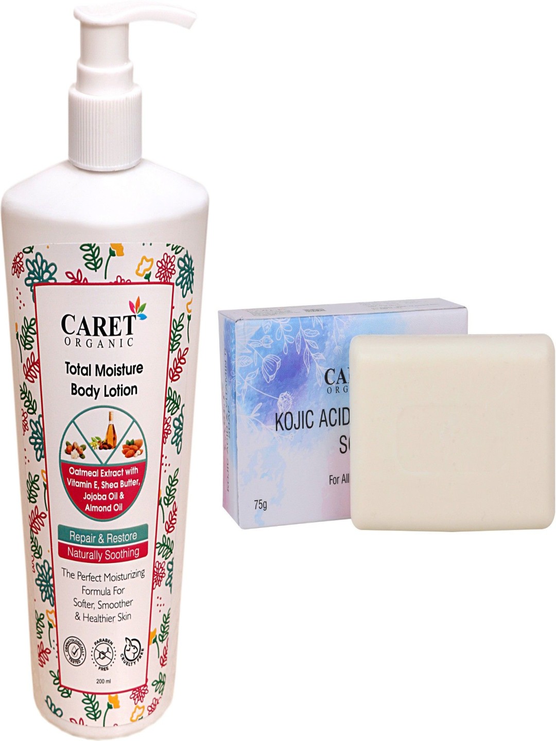 

CARET ORGANIC Set Of 2 Total Moisture Body Lotion-200ml & Kojic & Vitamin C Soap-75g, White