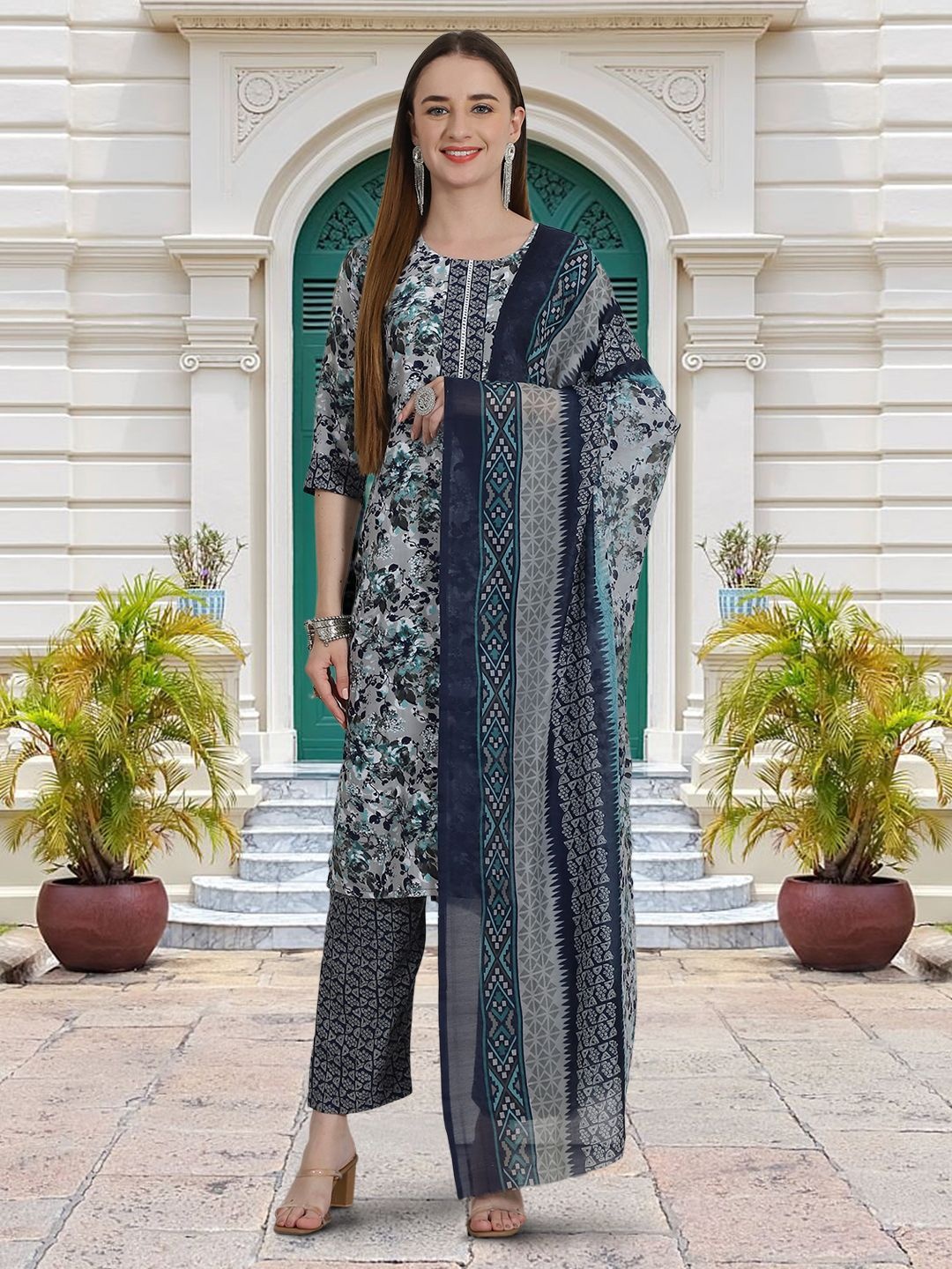 

Moda Rapido Floral Printed Round Neck Straight Kurta With Trouser And Dupatta, Grey