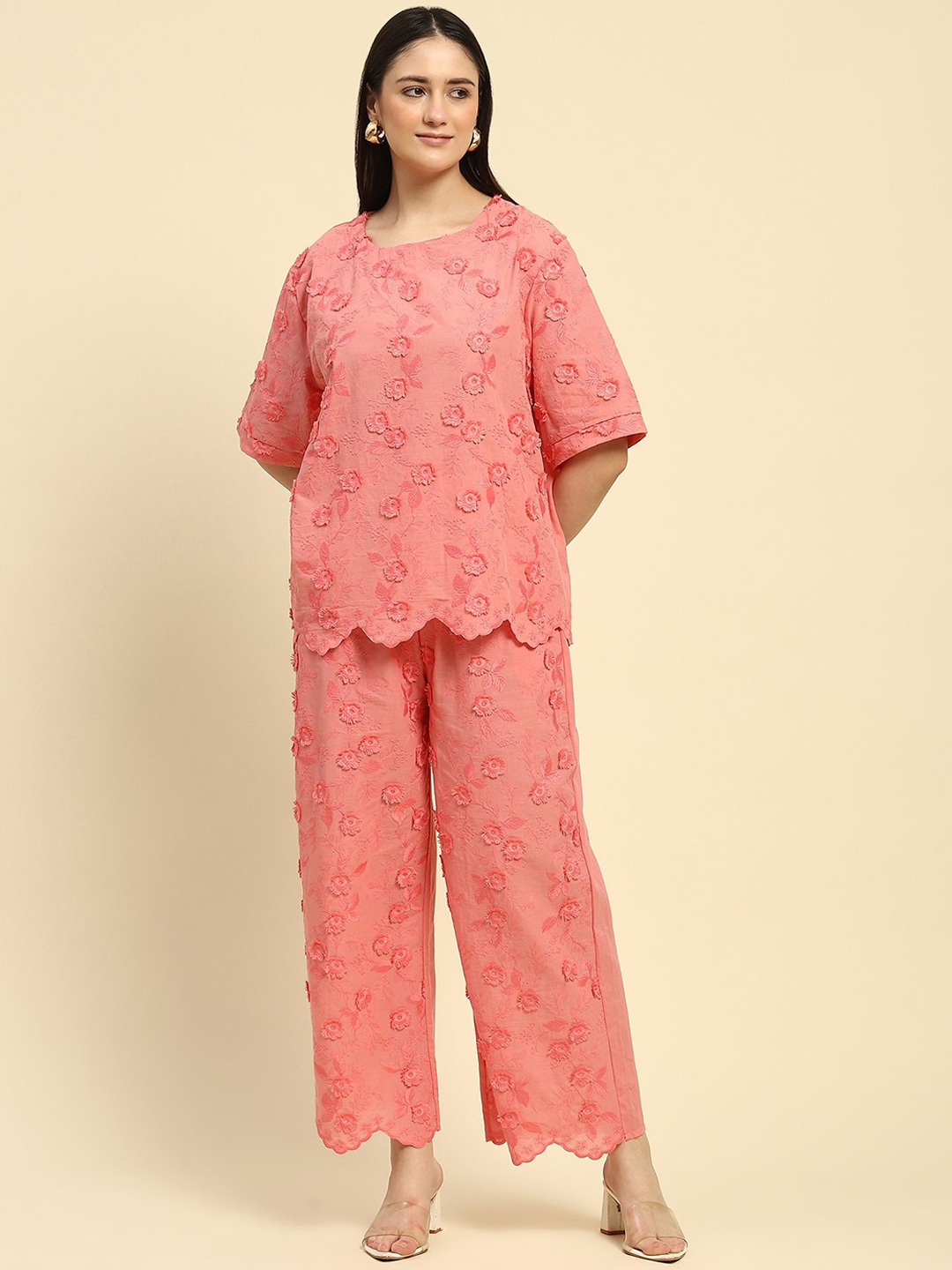

Global Republic 3D Floral Embroidered Tunic With Trousers Co-Ords, Pink