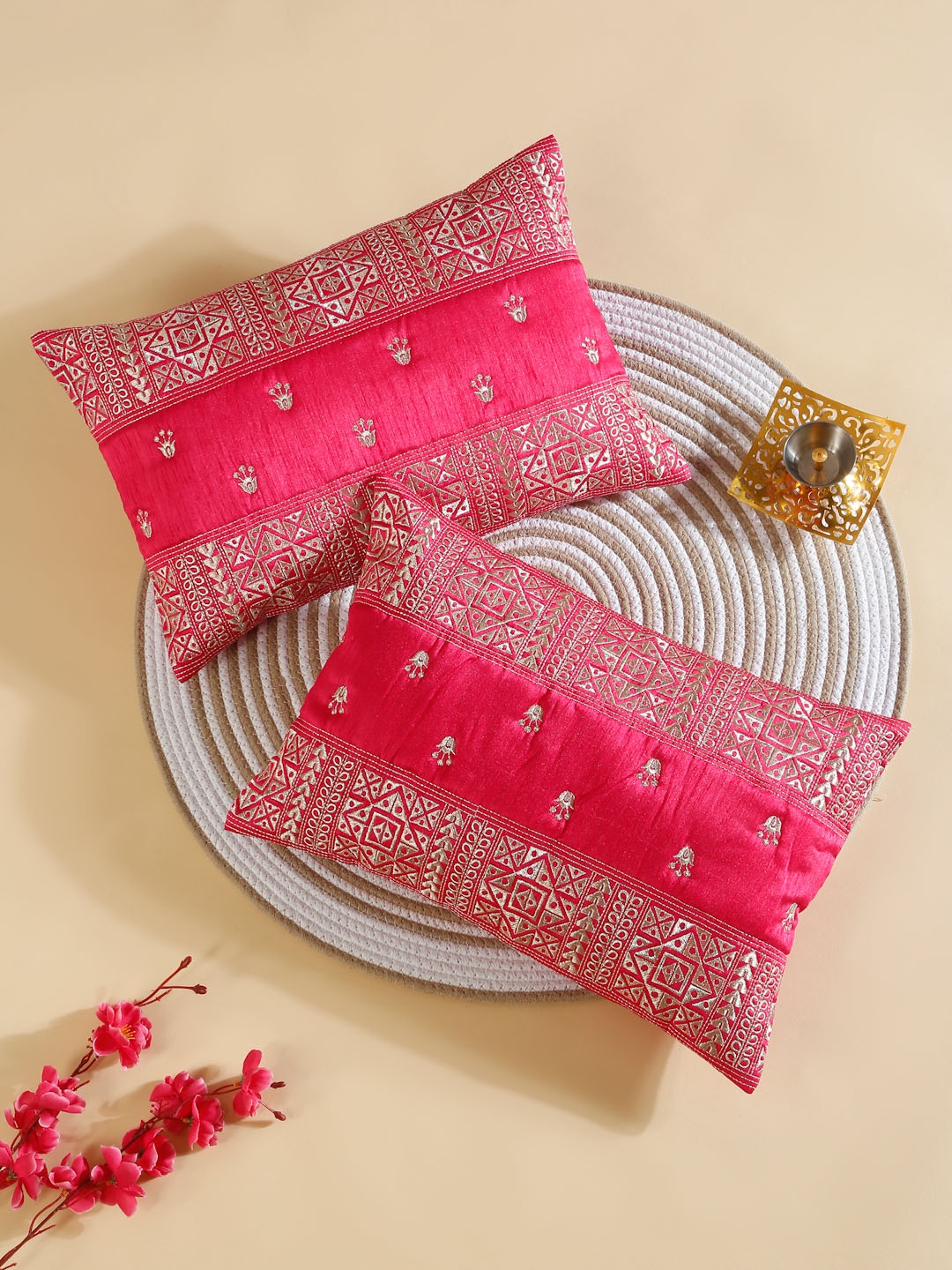 

HOSTA HOMES Pink and Grey 2 Pieces Ethnic Motifs Printed Silk Rectangle Cushion Covers