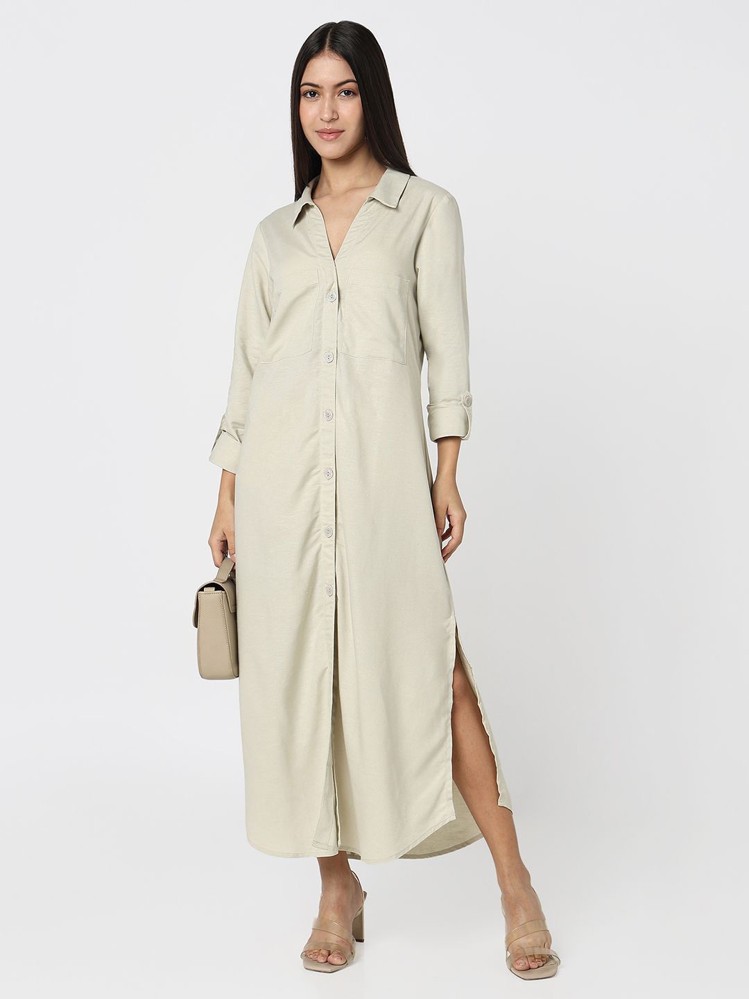 

R&B Women Cotton Roll-Up Sleeves Shirt Maxi Dress, Green