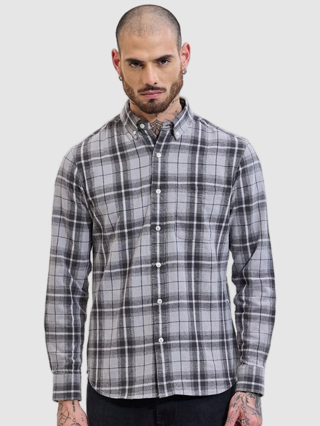 

Snitch Men Smart Slim Fit Button-Down Collar Tartan Checked Cotton Casual Shirt, Grey
