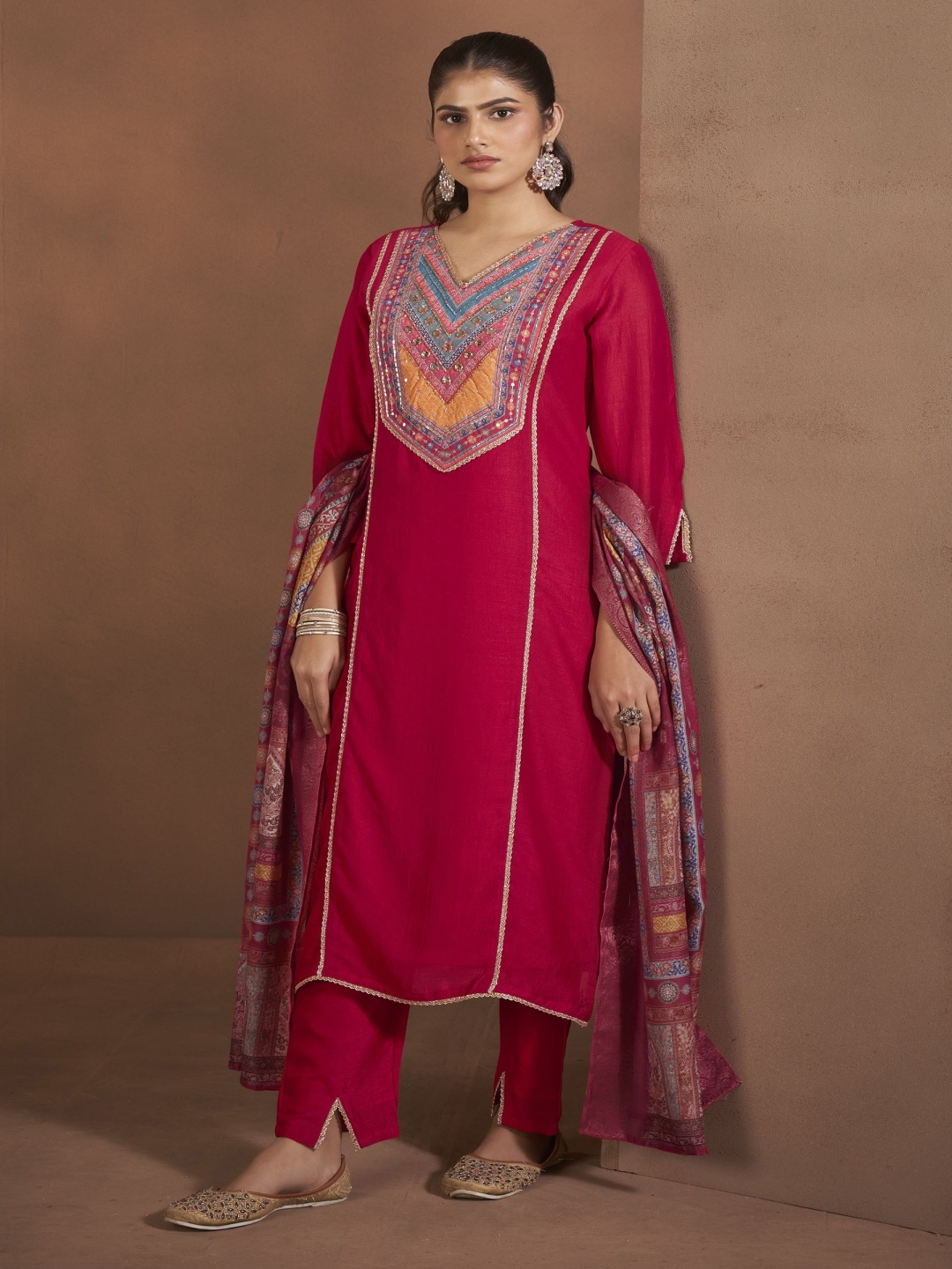 

Anouk Red Yoke Design V-Neck Sequinned Straight Kurta With Trousers & Dupatta