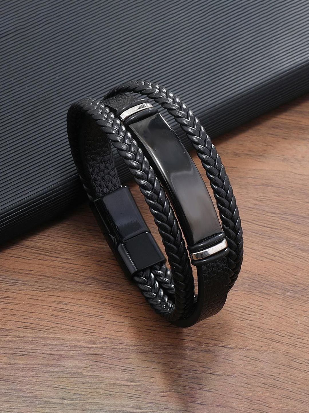 

Jewels Galaxy Men Leather Silver-Plated Wraparound Bracelet