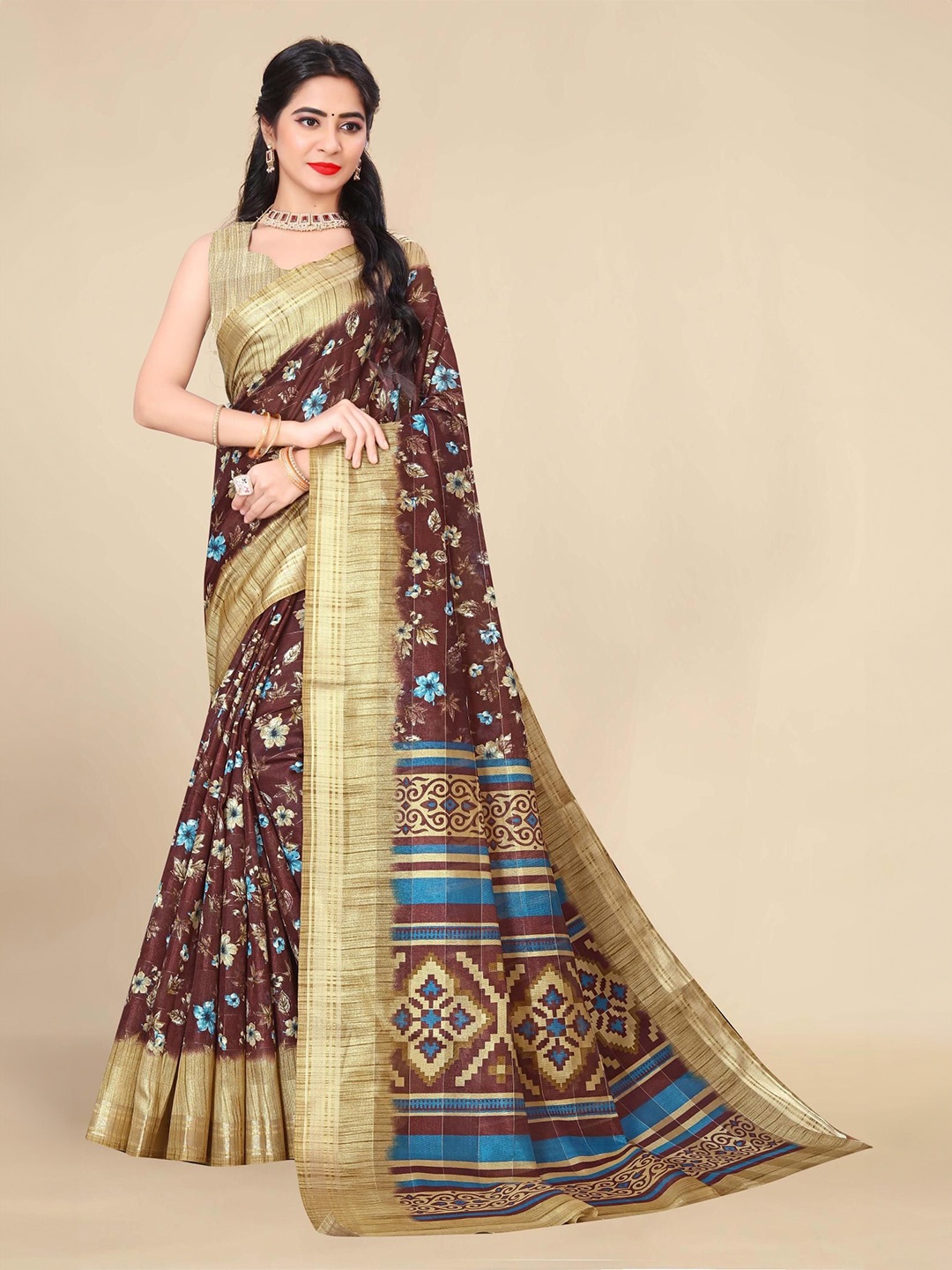 

Styleveda Floral Zari Saree, Brown