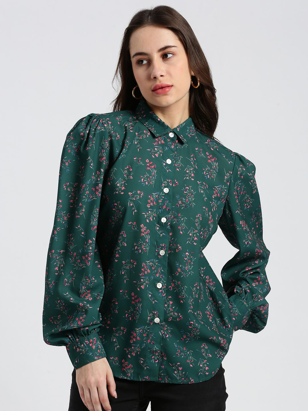 

Grit and Flair Women Comfort Fit Spread Collar Floral Printed Cotton Casual Shirt, Green