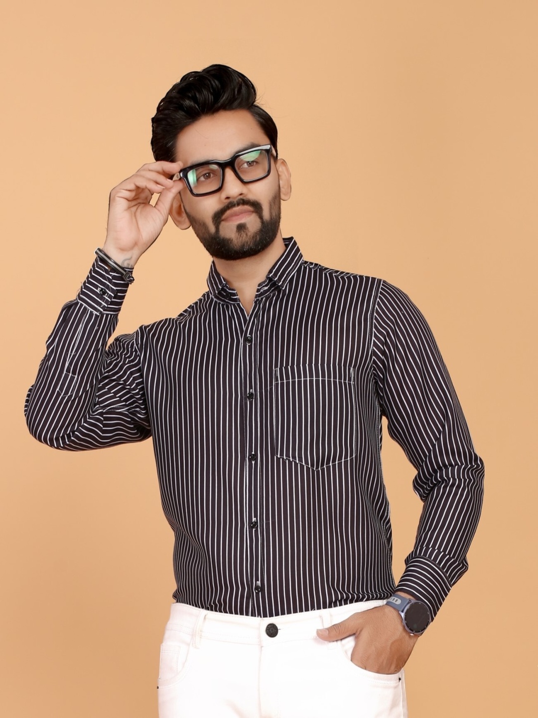 

STI Men Classic Fit Spread Collar Vertical Striped Formal Shirt, Black