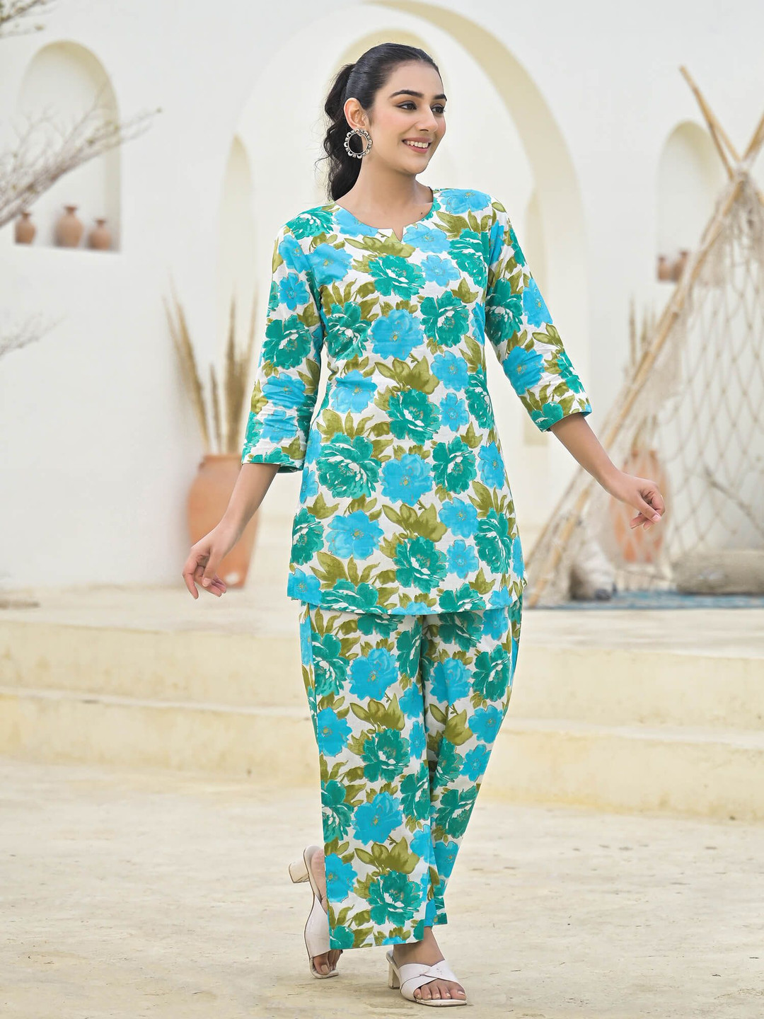 

SHIFORY Floral Printed Pure Cotton Tunic With Palazzo, Blue