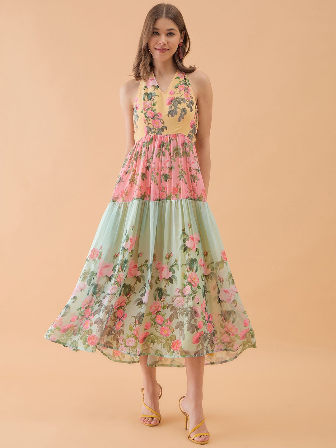 

OCTICS Floral Print Georgette Fit & Flare Maxi Dress, Multi