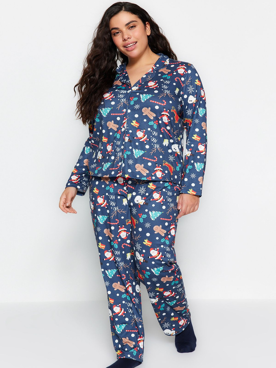 

Trendyol Printed Lapel Collar Night Suits, Blue