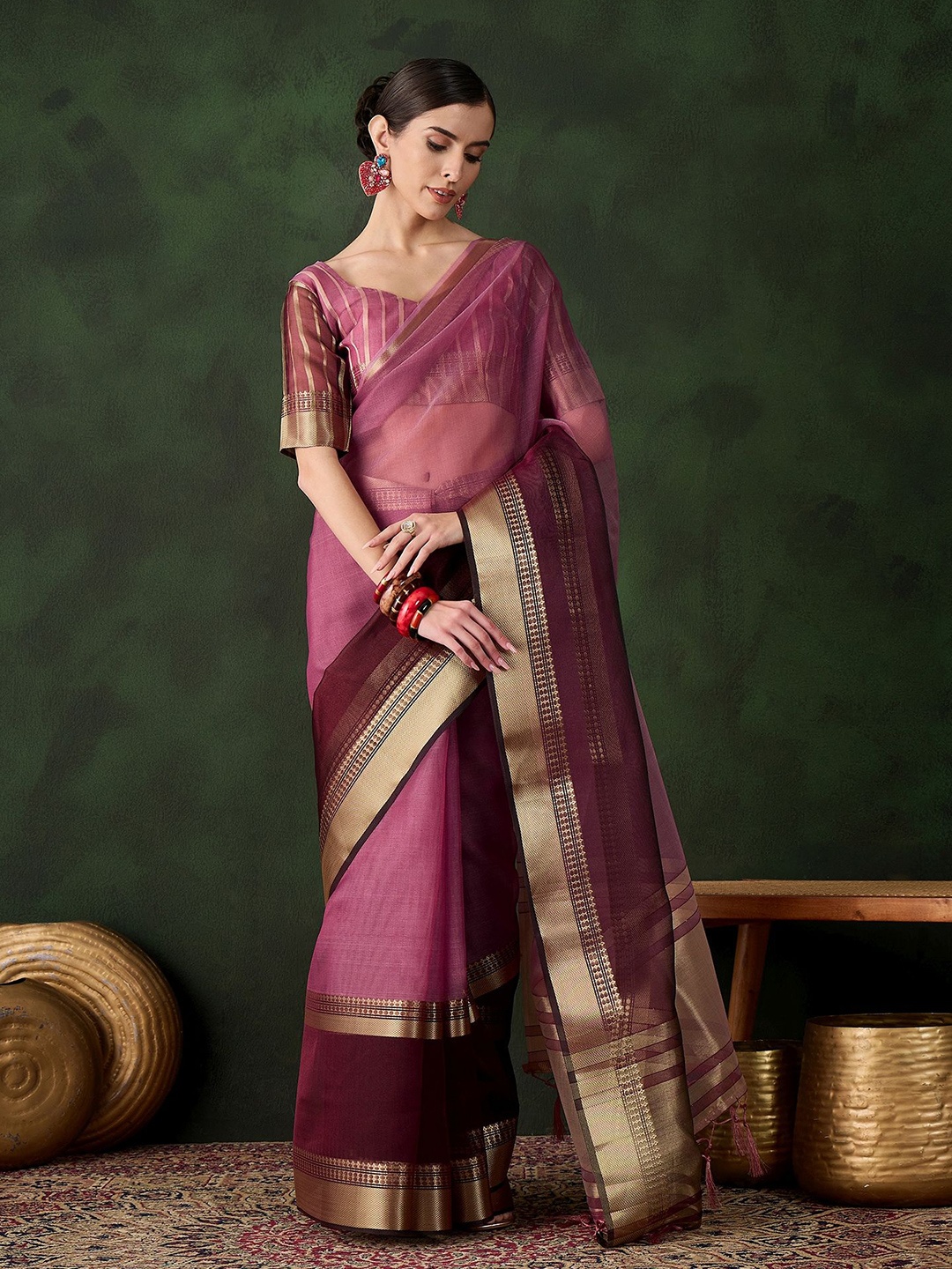 

KIMISHA Zari Organza Kanjeevaram Saree, Purple