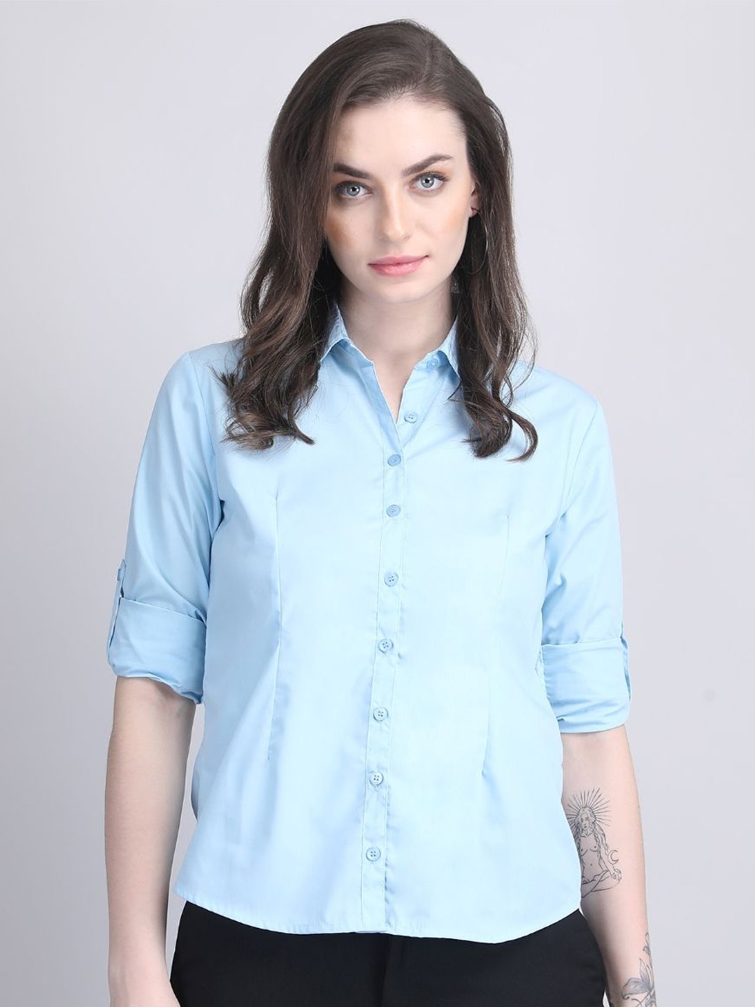 

Blue Ronin Women Spread Collar Solid Cotton Casual Shirt, Turquoise blue