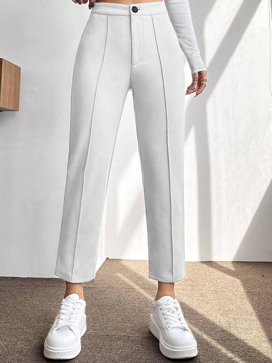 

Jinax Women Relaxed Straight Leg Straight Fit Pleated Regular Trousers, White