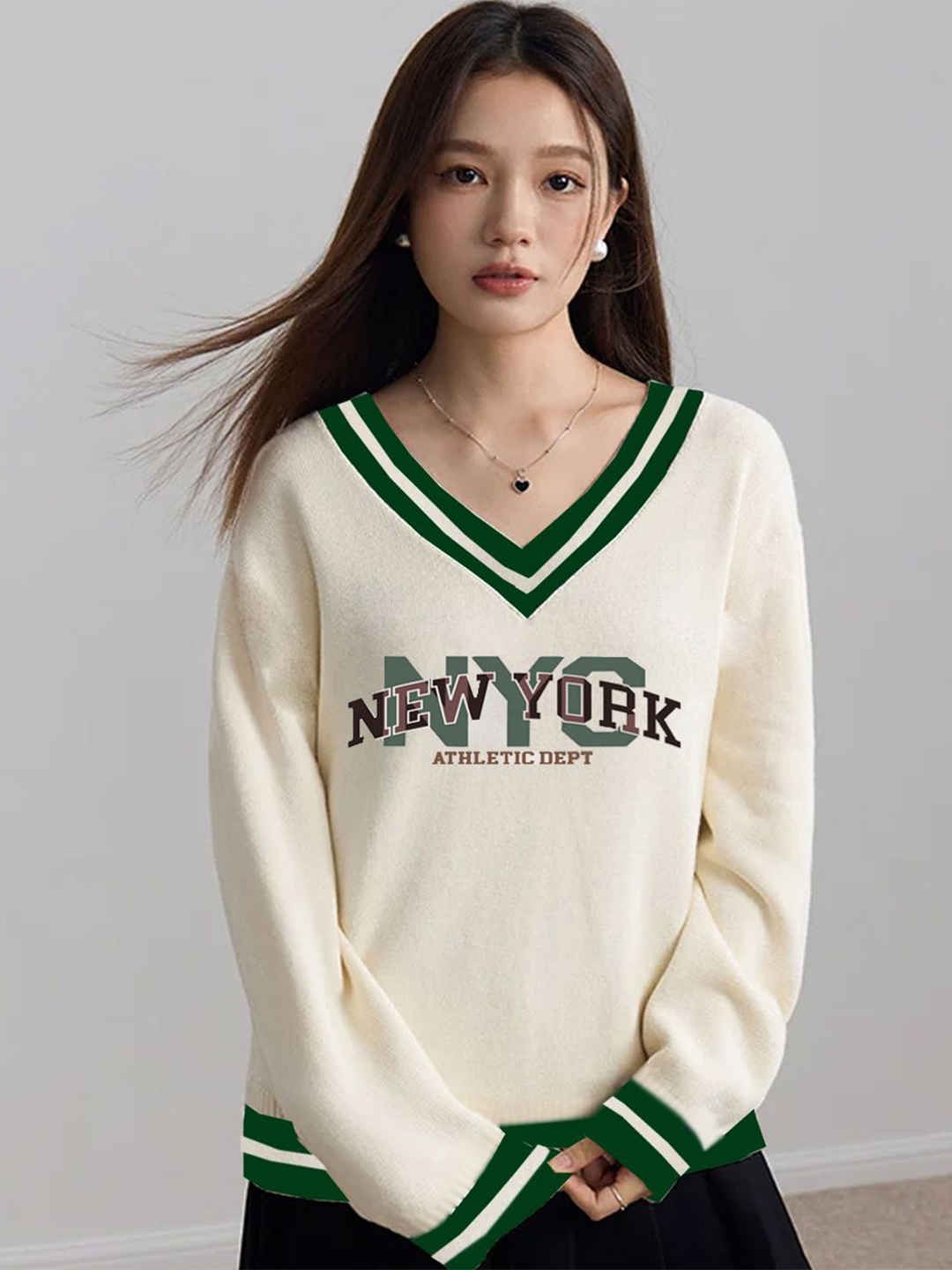 

CLAFOUTIS Women Printed V - Neck Sweatshirt, White