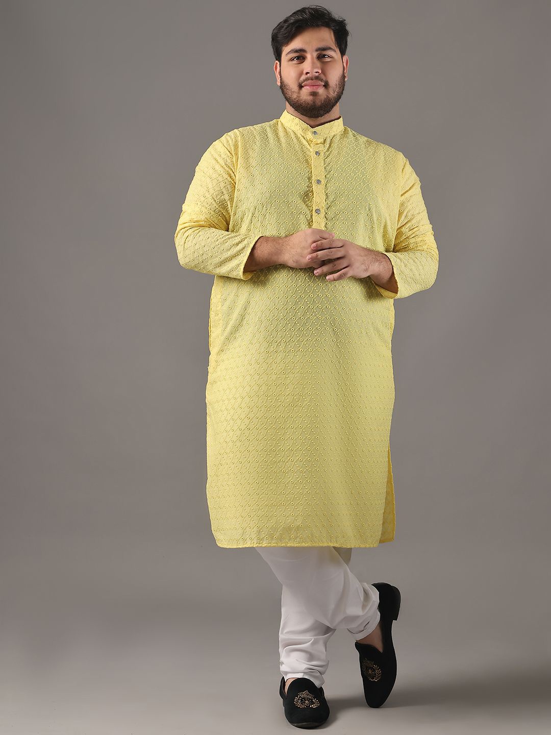 

SOJANYA PLUS Size Embroidered Band Collar Chikankari Pure Cotton Straight Kurta, Yellow