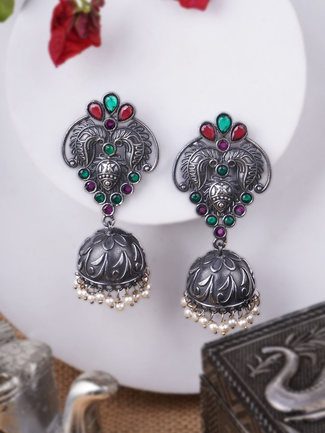 

Adwitiya Collection Silver-Plated Artificial Stones Studded Dome Jhumkas