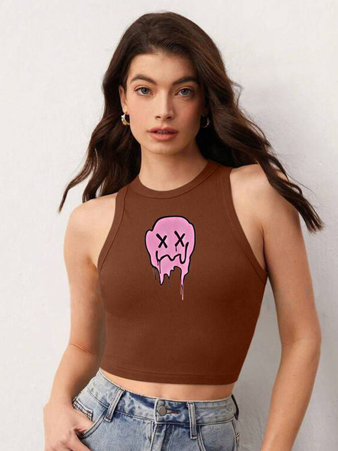

The Roadster Lifestyle Co. Printed Sleeveless Tank Crop Top, Brown
