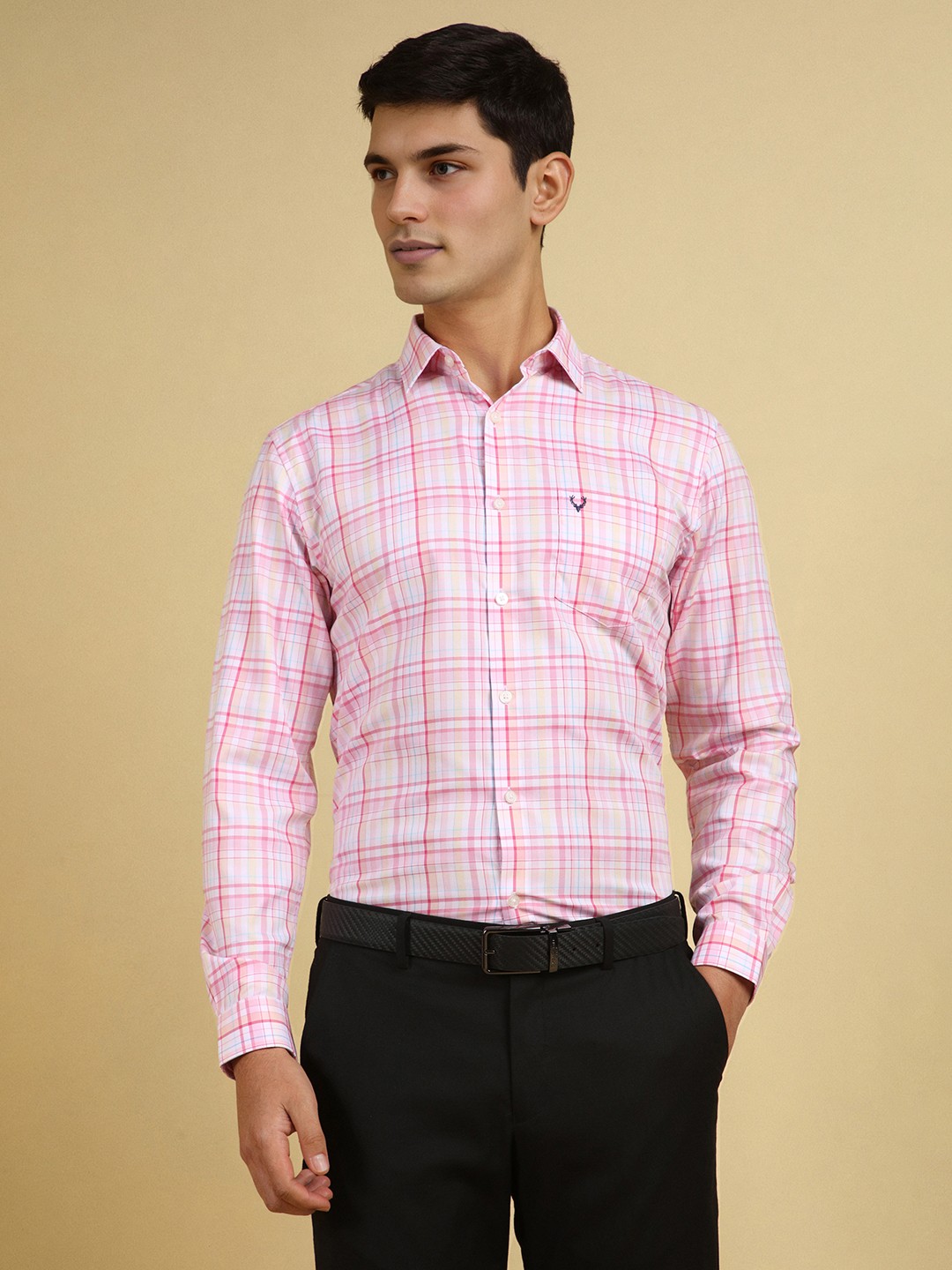 

Allen Solly Men Slim Fit Spread Collar Checked Cotton Formal Shirt, Pink