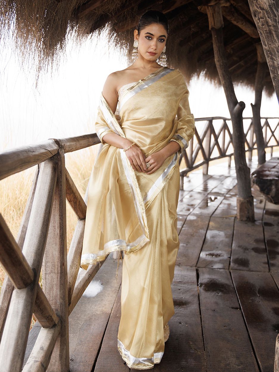 

Geroo Jaipur Beige Tissue Saree with Gota Work