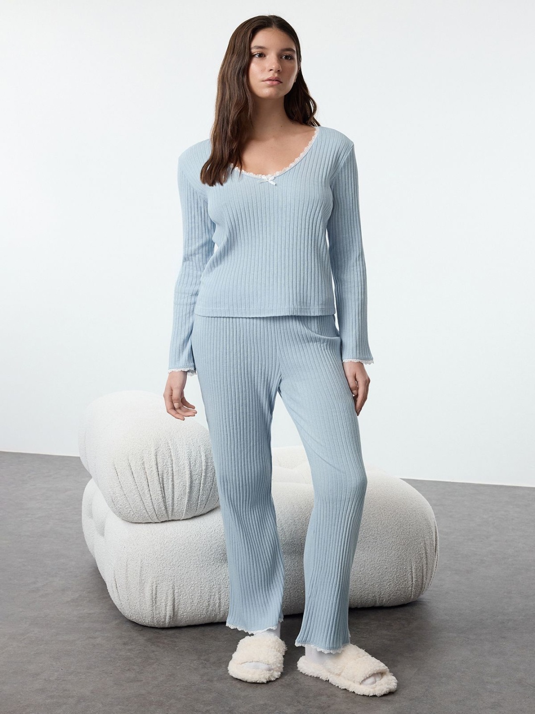 

Trendyol Women Round Neck Night suit, Blue