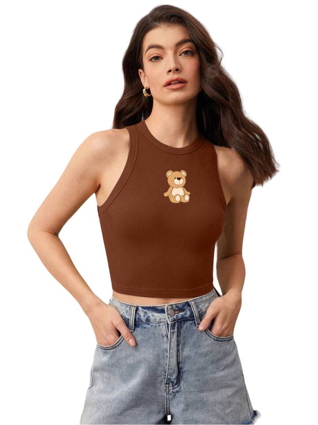 

The Roadster Lifestyle Co Printed Sleeveless Stretchable Crop Topp, Brown
