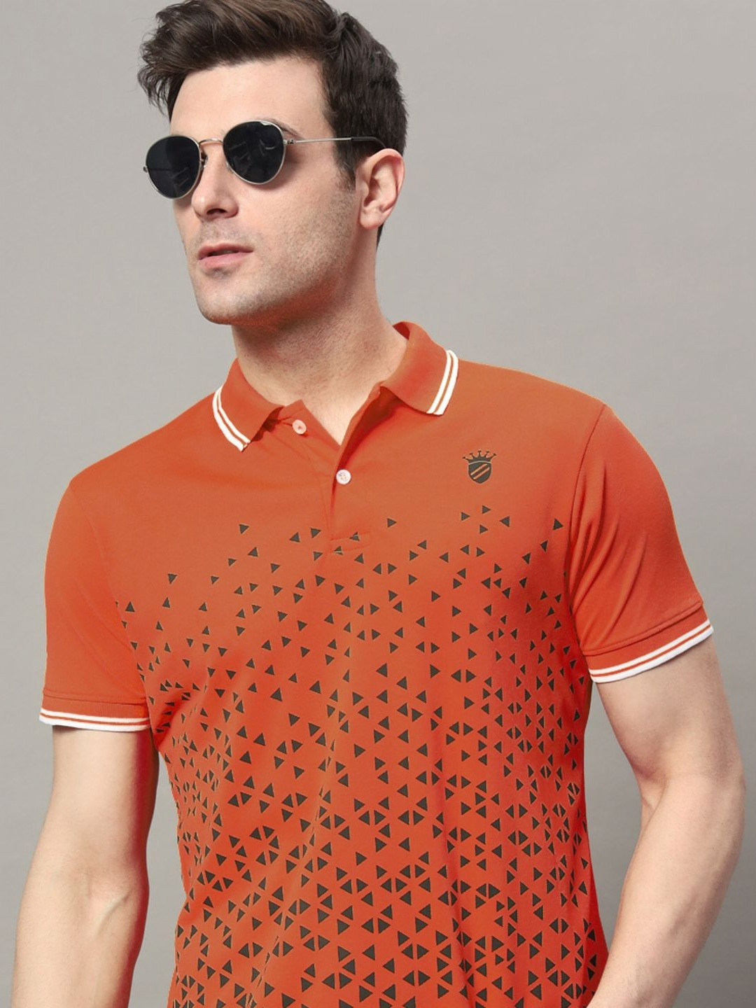 

RELANE Men Geometric Printed Polo Collar Cotton T-shirt, Rust